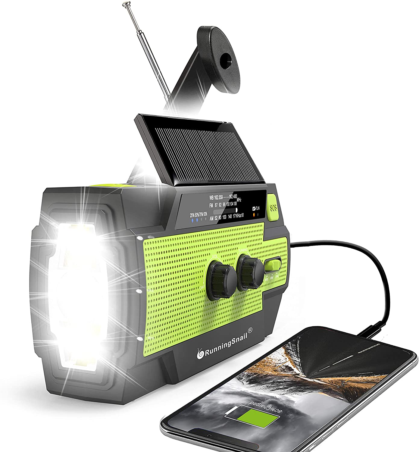 SOS Alarm LED Flashlight SUNRI 4000mAh Weather Radio Portable with Solar Charger for Cell Phone Compass Emergency Radio Hand Crank Radio AM/FM/NOAA 