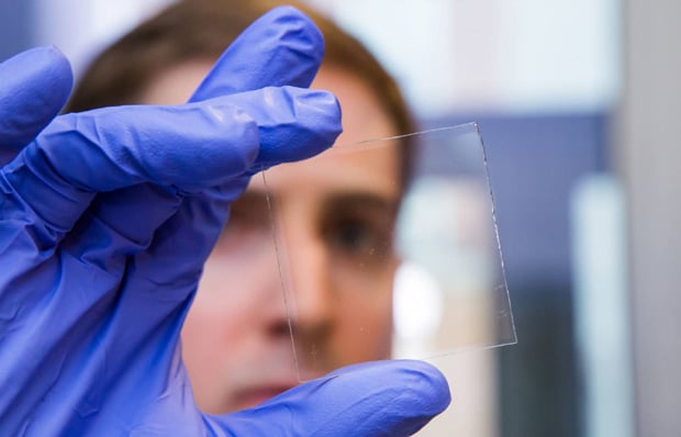 Transparent solar cells power smart windows.