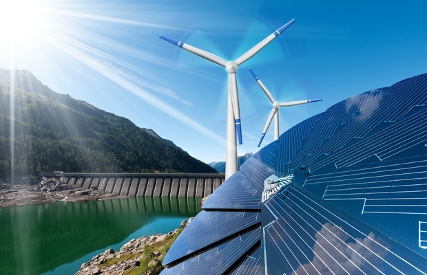 Renewable Energy - Sunlight with solar panel. Wind with wind turbines. Rain with dam for hydropowerRenewable Energy - Sunlight with solar panel. Wind with wind turbines. Rain with dam for hydropower