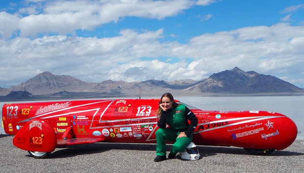 Eva Hakansson, the world’s fastest woman on a motorcycle, who will be speaking at the EV Expo. Here she is with KillaJoule, the electric vehicle she rode to break the speed record. Photo: John Baechtel 