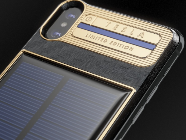 iPhone X Tesla has dedicated solar battery and solar panel on the back.