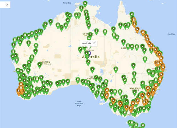 EV charging station map allows round Australia electric car trips.