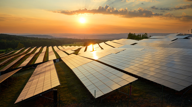 A community solar farm with arrays of solar panels