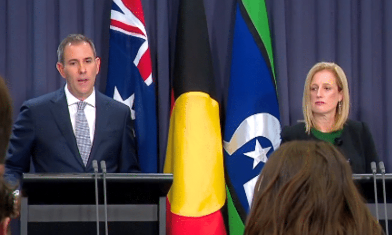 Treasurer Jim Chalmers (left) and Finance Minister Katy Gallagher (right)