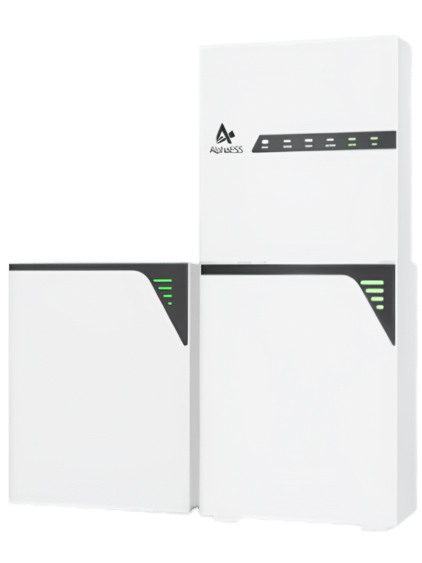 White home energy storage system with three modular battery units and green indicator lights on dark panels.