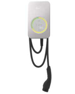 Wall-mounted electric vehicle charger with a circular LED ring and a charging cable hanging from it.