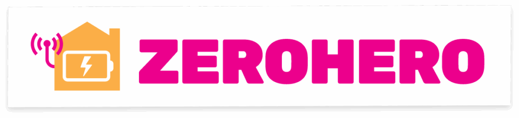 ZeroHero logo: bold magenta text with an orange house and wireless-energy icon on the left