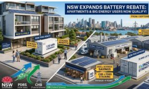 Infographic about NSW battery rebate expansion showing a modern apartment complex with solar panels, signs like 'NOW ELIGIBLE' and 'NSW PDRS REBATE', and a logistics hub in the background.