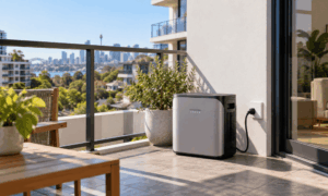 Modern balcony with a compact silver appliance plugged into an outdoor outlet, overlooking a city skyline. Modern balcony with a compact silver appliance plugged into an outdoor outlet, overlooking a city skyline.