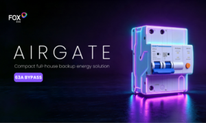 Promotional hero image for Fox ESS AirGate backup energy solution: neon-lit modular device on the right, large AIRGATE lettering, and a purple 63A BYPASS badge on the left. Promotional hero image for Fox ESS AirGate backup energy solution: neon-lit modular device on the right, large AIRGATE lettering, and a purple 63A BYPASS badge on the left.
