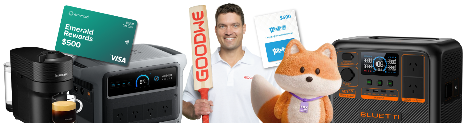 Promo collage advertising rewards and gifts: Emerald 0 Visa card, Nespresso machine, power generator, man with a 'GOODLIVE' sign, tickets, and a fox plush.