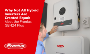 Technician working on a Fronius GEN24 Plus inverter mounted on a wall beside a bold red promotional panel with text and logo. Technician working on a Fronius GEN24 Plus inverter mounted on a wall beside a bold red promotional panel with text and logo.