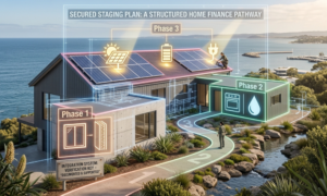Illustrated home with solar panels and modular blocks labeled Phase 1–3, depicting a secure home finance plan along a winding pathway. Illustrated home with solar panels and modular blocks labeled Phase 1–3, depicting a secure home finance plan along a winding pathway.