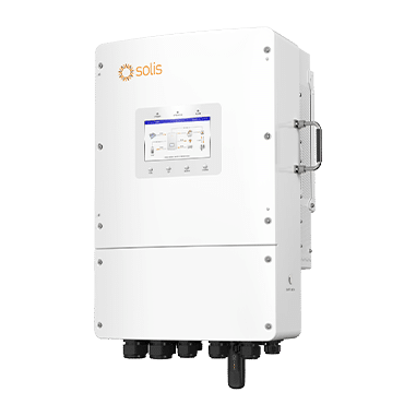 White Solis solar inverter with touchscreen display and side mount, bottom cables visible