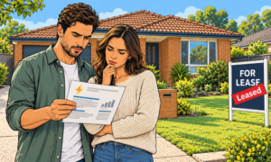 Couple reviews lease documents outside a suburban house with a 'For Lease' sign nearby.