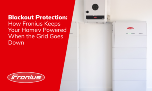 Banner with red left panel showing the blackout protection headline and the Fronius logo at the bottom left.