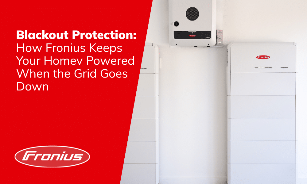 Banner with red left panel showing the blackout protection headline and the Fronius logo at the bottom left.