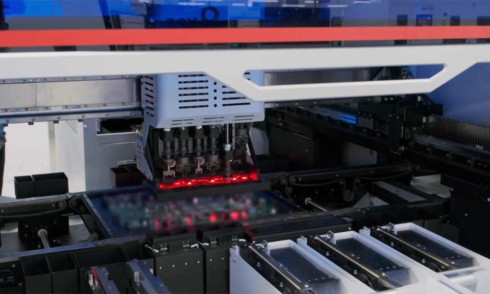 Industrial printing machine with a red LED-lit print head and conveyor belts delivering materials through a high-tech processing stage Industrial printing machine with a red LED-lit print head and conveyor belts delivering materials through a high-tech processing stage