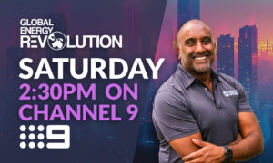 Promotional banner for Global Energy Revolution: Saturday 2:30 PM on Channel 9, with a smiling man in a gray polo on the right. Promotional banner for Global Energy Revolution: Saturday 2:30 PM on Channel 9, with a smiling man in a gray polo on the right.