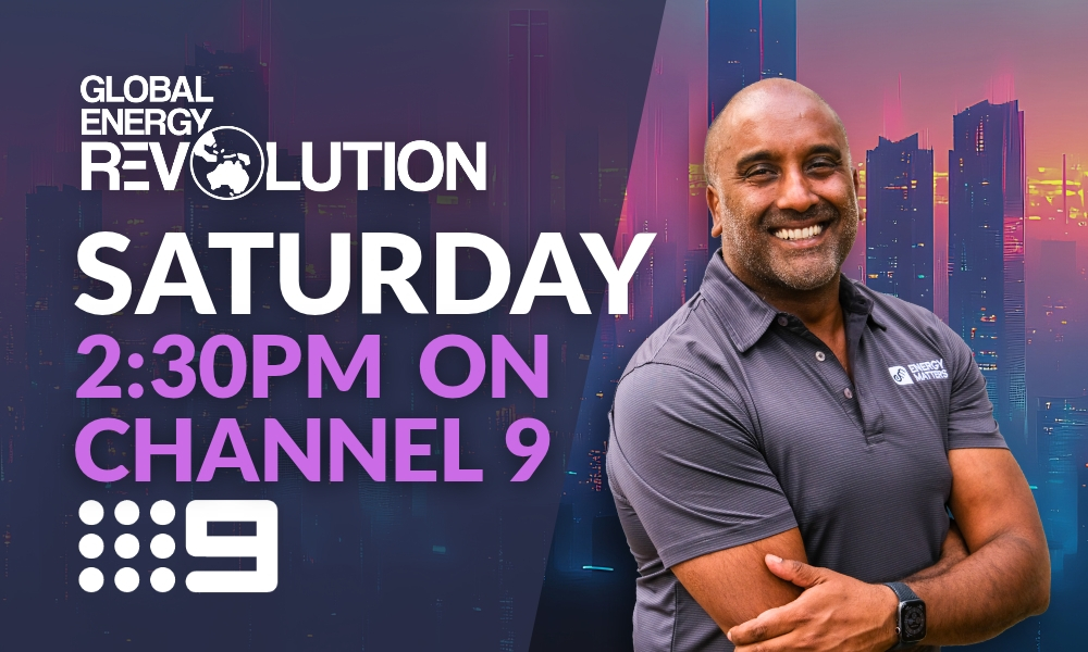 Promotional banner for Global Energy Revolution: Saturday 2:30 PM on Channel 9, with a smiling man in a gray polo on the right. Promotional banner for Global Energy Revolution: Saturday 2:30 PM on Channel 9, with a smiling man in a gray polo on the right.