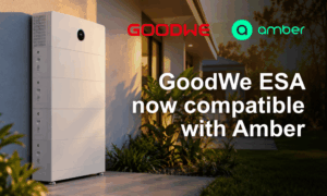 Outdoor home setting with a white inverter cabinet; large overlay text reads 'GoodWe ESA now compatible with Amber' with logos above. Outdoor home setting with a white inverter cabinet; large overlay text reads 'GoodWe ESA now compatible with Amber' with logos above.
