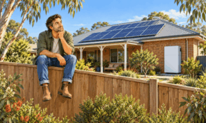 Man relaxing on a wooden fence in a sunny front yard with a brick house and solar panels on the roof behind him. Man relaxing on a wooden fence in a sunny front yard with a brick house and solar panels on the roof behind him.