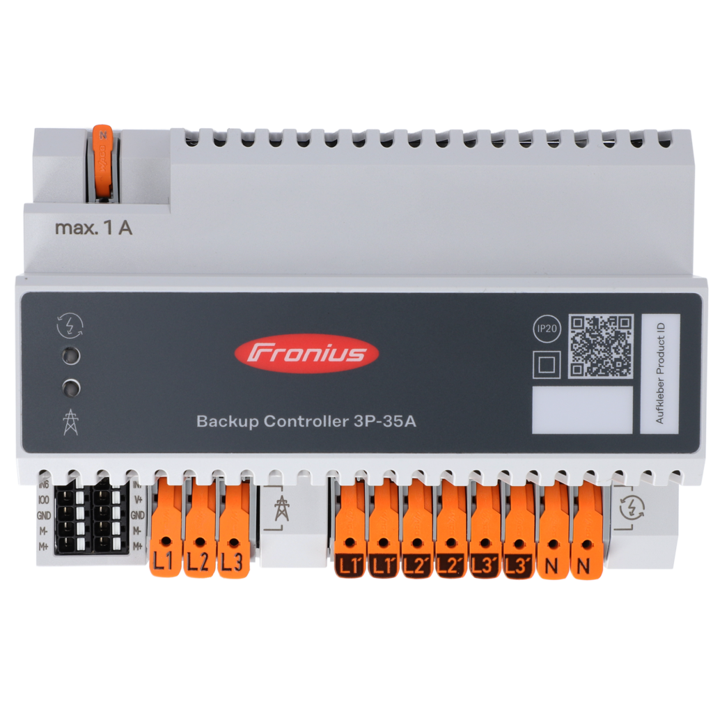 Fronius Backup Controller 3P-35A with orange terminal blocks labeled L1, L2, L3 and N for three-phase connections. Fronius Backup Controller 3P-35A with orange terminal blocks labeled L1, L2, L3 and N for three-phase connections.