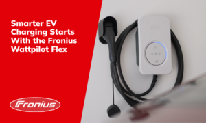 Promotional image for Fronius Wattpilot Flex EV charger: bold white text on red background with Fronius logo and a wall-mounted charging unit on the right. Promotional image for Fronius Wattpilot Flex EV charger: bold white text on red background with Fronius logo and a wall-mounted charging unit on the right.