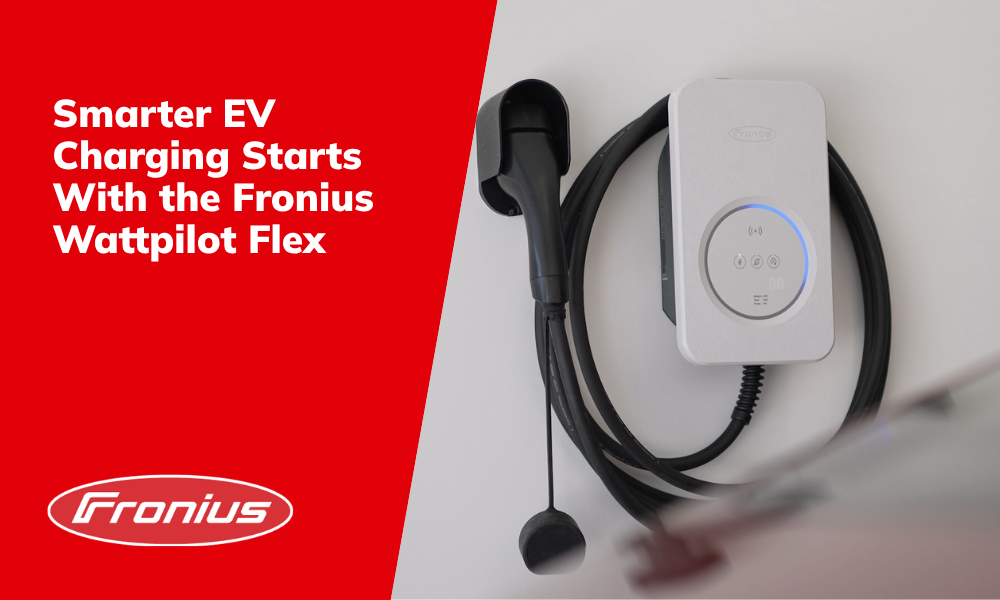 Promotional image for Fronius Wattpilot Flex EV charger: bold white text on red background with Fronius logo and a wall-mounted charging unit on the right. Promotional image for Fronius Wattpilot Flex EV charger: bold white text on red background with Fronius logo and a wall-mounted charging unit on the right.