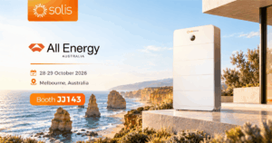 Promotional banner with Solis and All Energy Australia branding, event dates 28–29 October 2026 in Melbourne, booth JJ143, set against a coastal scene with a white Solis storage unit. Promotional banner with Solis and All Energy Australia branding, event dates 28–29 October 2026 in Melbourne, booth JJ143, set against a coastal scene with a white Solis storage unit.