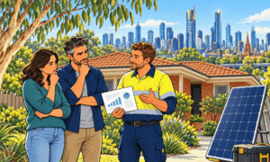Solar installer explains energy data to a couple in front of a sunny suburban house with a nearby solar panel. Solar installer explains energy data to a couple in front of a sunny suburban house with a nearby solar panel.